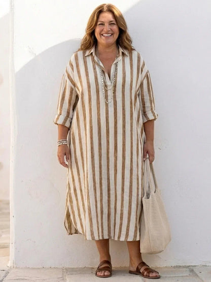 Eva - Vintage Maxi Linnen Jurk Dames met Kraag en Knoopsluiting