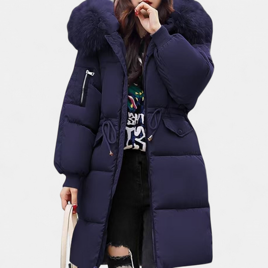 Femke - Puffer winterjas dames lang getailleerd en warm met capuchon
