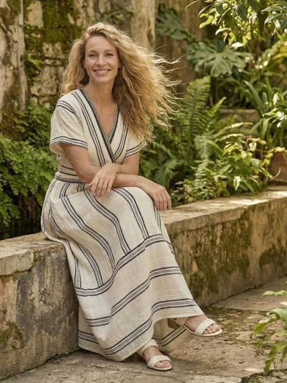 Femke - Boho Maxi Linnen Jurk Dames met V-hals en Wikkelmodel