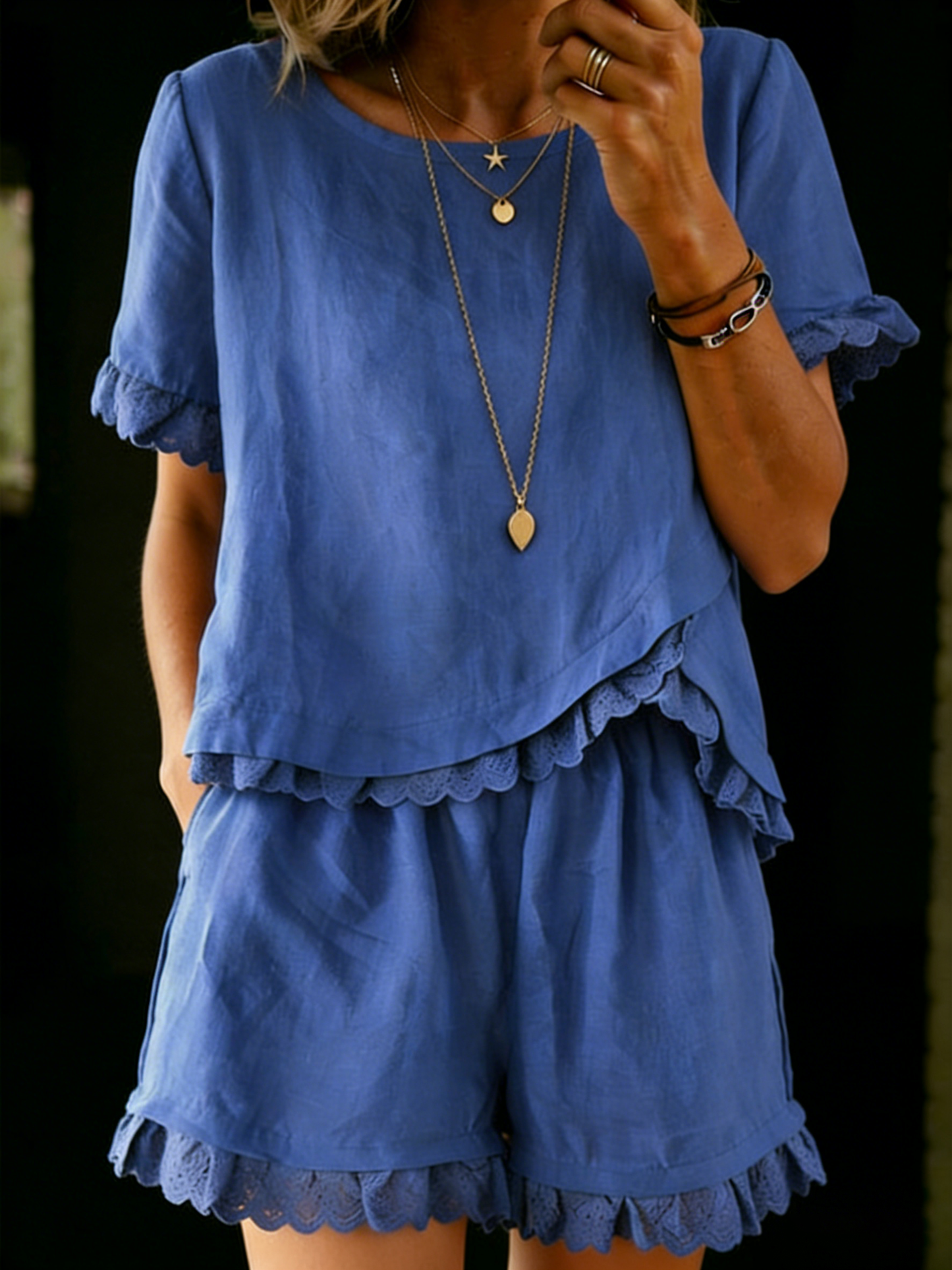 Femke - Casual Linnen Zomerset Dames met Ruche Top en Bijpassende Shorts