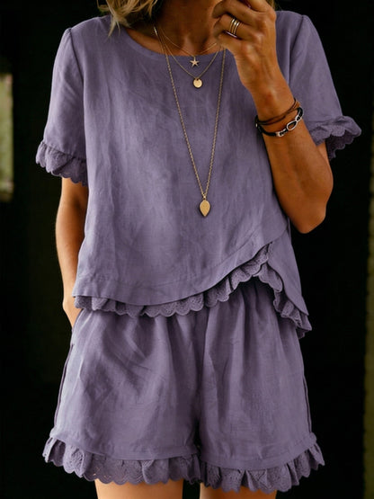 Femke - Casual Linnen Zomerset Dames met Ruche Top en Bijpassende Shorts