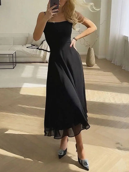 Femke - Chique Bruiloft Gast Jurk Dames Midi met Spaghettibandjes en Strikdetail