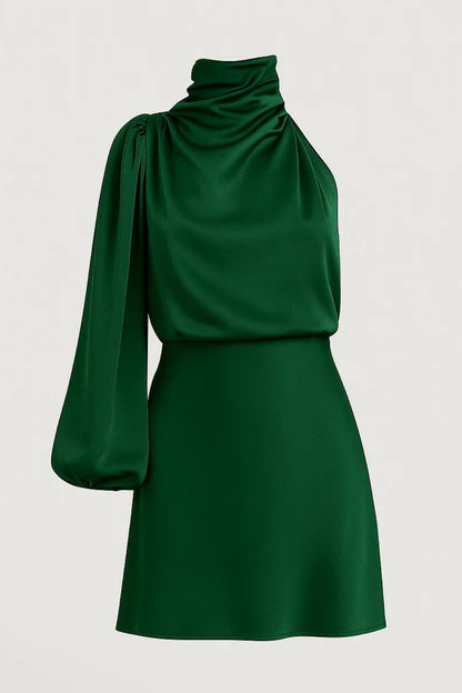 Femke - Chique Herfst Bruiloft Gast Jurk Dames met Asymmetrische Schouder en Lange Mouw
