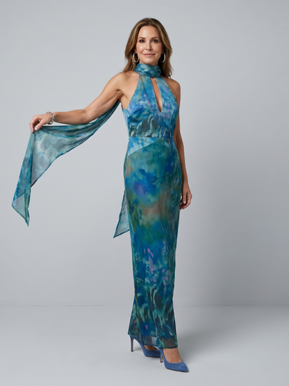 Femke - Feestelijke Maxi Jurk Dames met Halterhals en Keyhole Detail