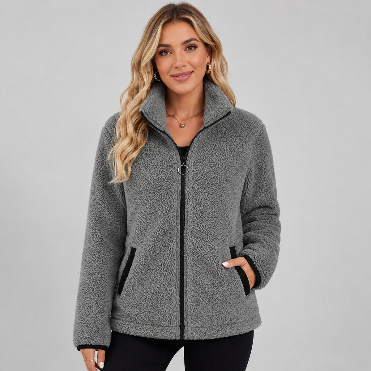 Femke - Fleece jas dames teddy kort en warm met rits en opstaande kraag