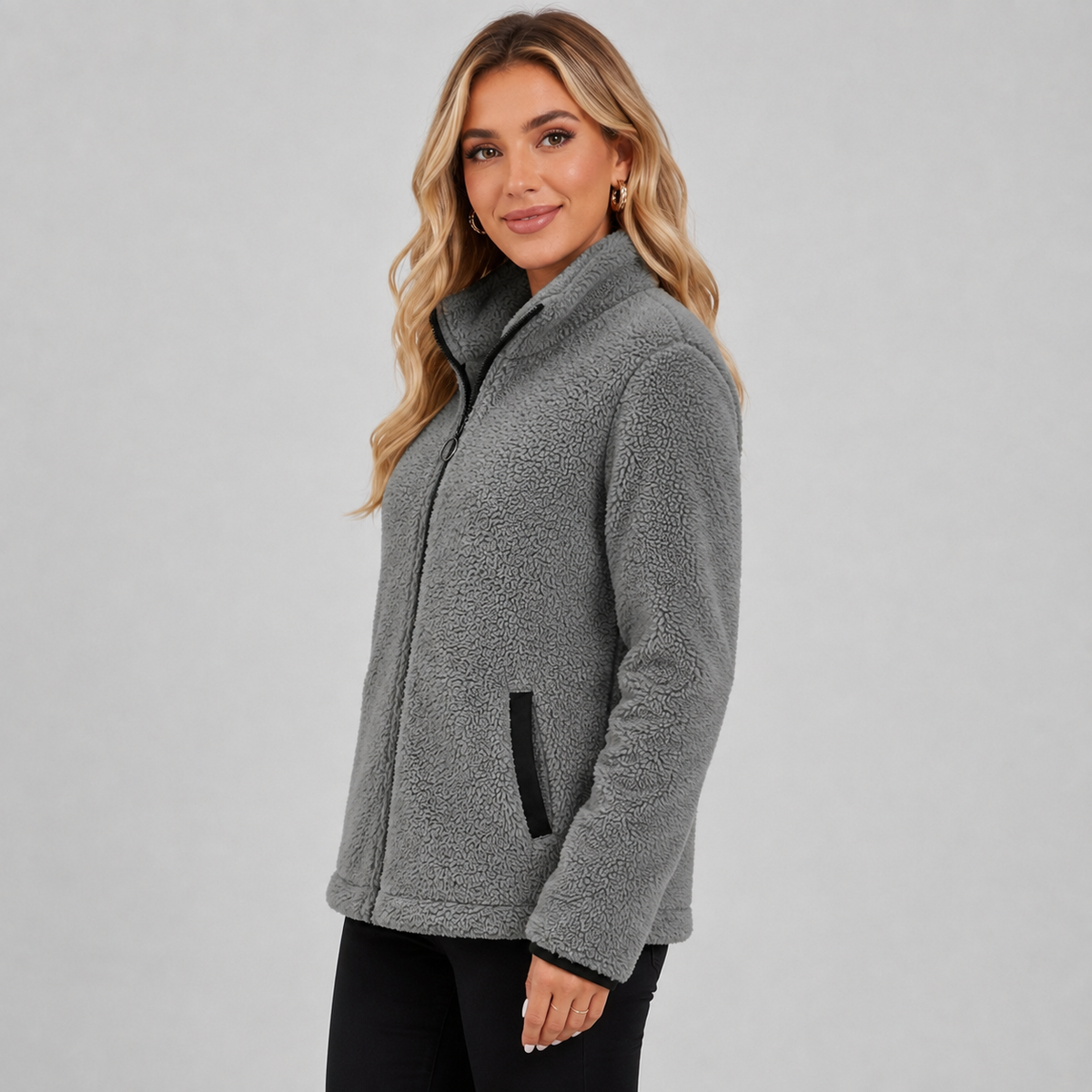 Femke - Fleece jas dames teddy kort en warm met rits en opstaande kraag