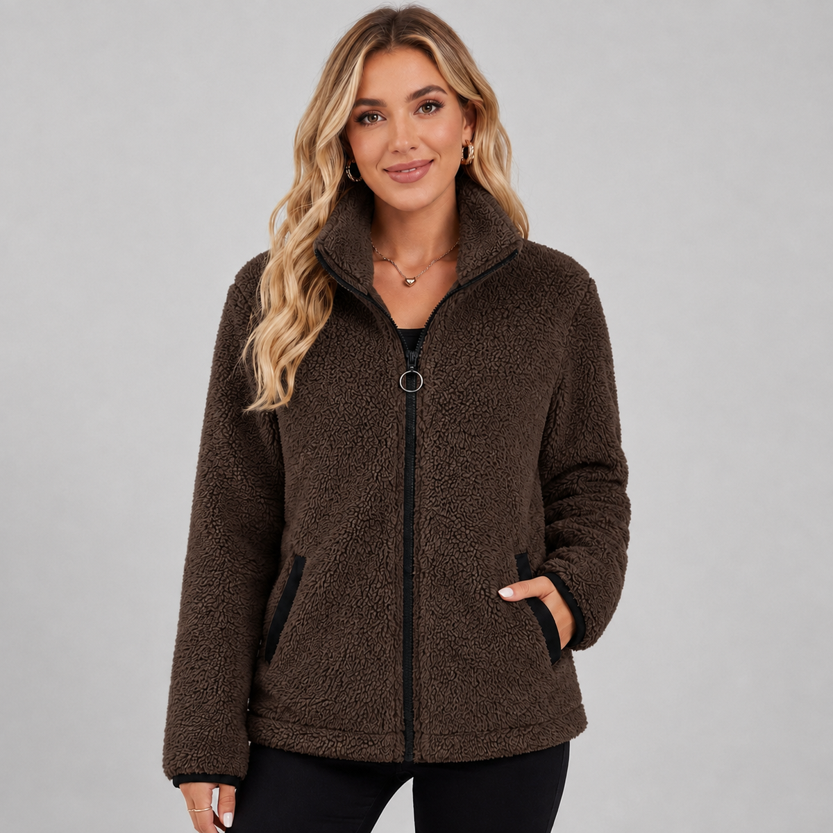 Femke - Fleece jas dames teddy kort en warm met rits en opstaande kraag