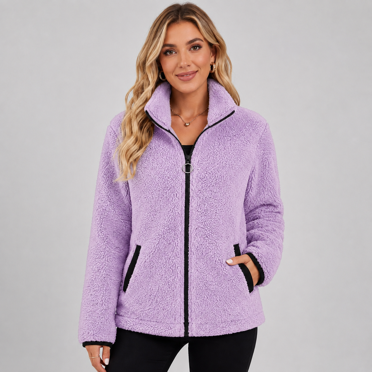 Femke - Fleece jas dames teddy kort en warm met rits en opstaande kraag