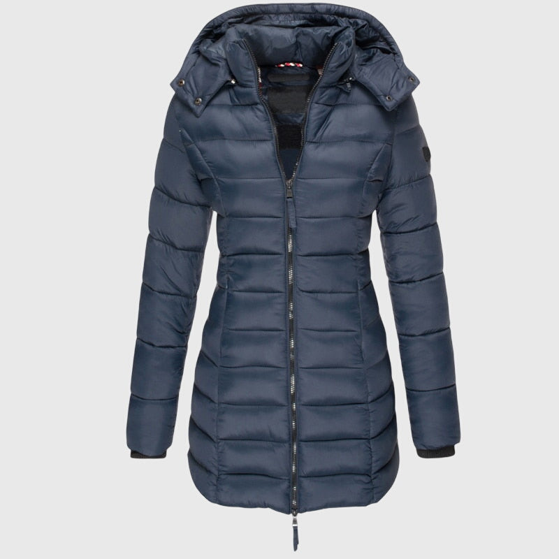 Femke - Puffer jas dames lang en warm met capuchon en rits
