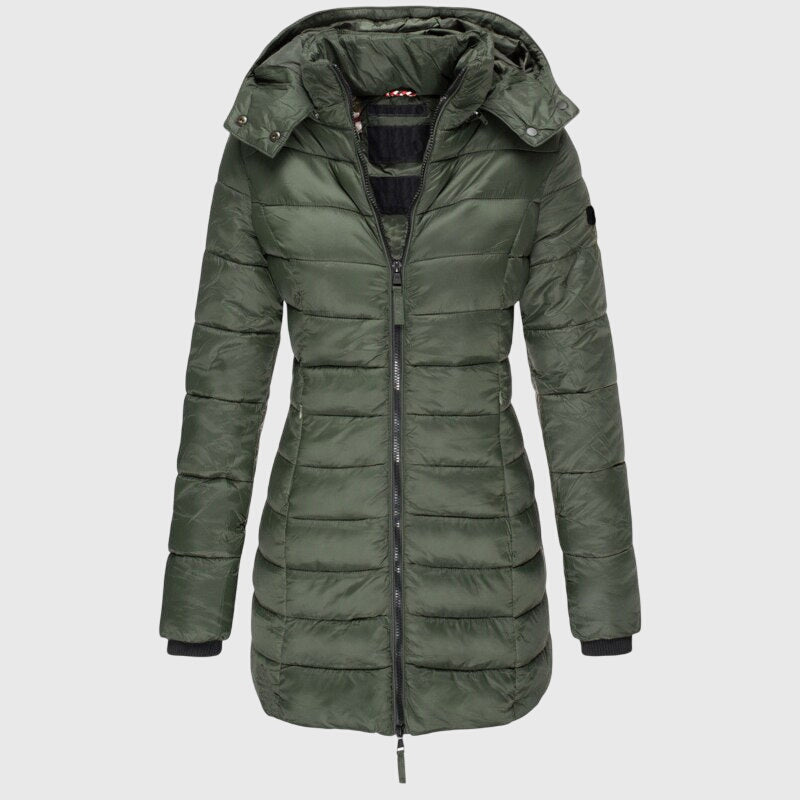 Femke - Puffer jas dames lang en warm met capuchon en rits