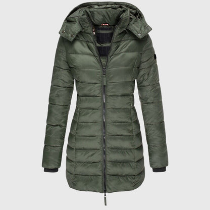 Femke - Puffer jas dames lang en warm met capuchon en rits