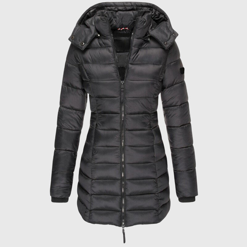 Femke - Puffer jas dames lang en warm met capuchon en rits
