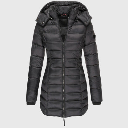 Femke - Puffer jas dames lang en warm met capuchon en rits