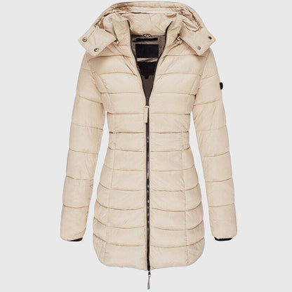 Femke - Puffer jas dames lang en warm met capuchon en rits