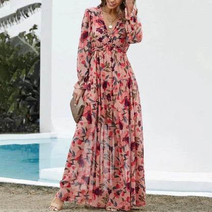 Femke - Romantische Bruiloft Gastenjurk Dames met Bloemenprint en Ruffle V-hals