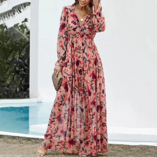 Femke - Romantische Bruiloft Gastenjurk Dames met Bloemenprint en Ruffle V-hals