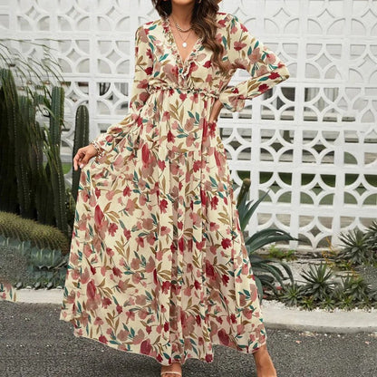 Femke - Romantische Bruiloft Gastenjurk Dames met Bloemenprint en Ruffle V-hals