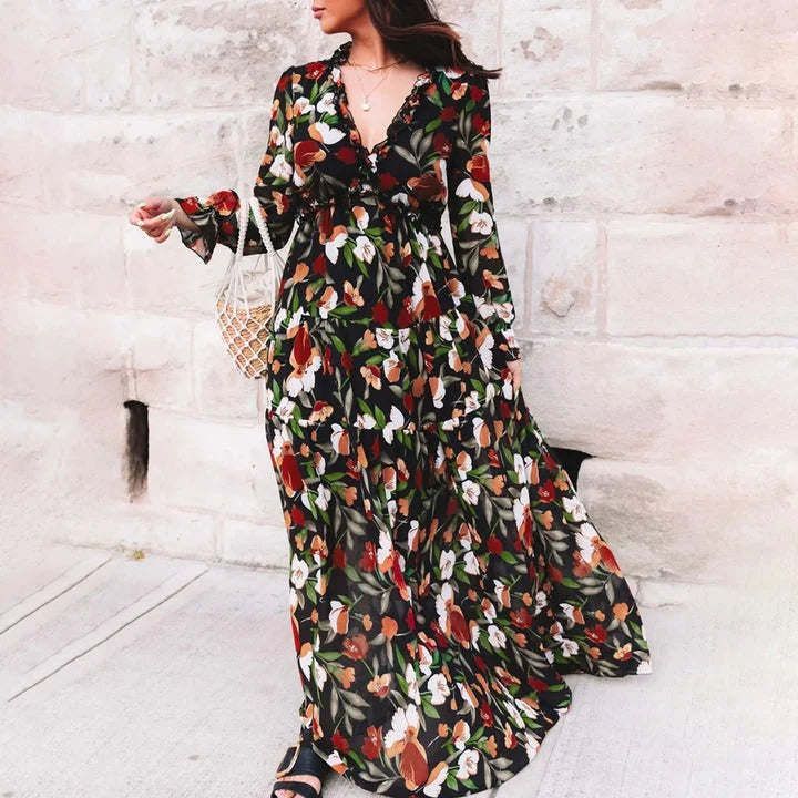 Femke - Romantische Bruiloft Gastenjurk Dames met Bloemenprint en Ruffle V-hals