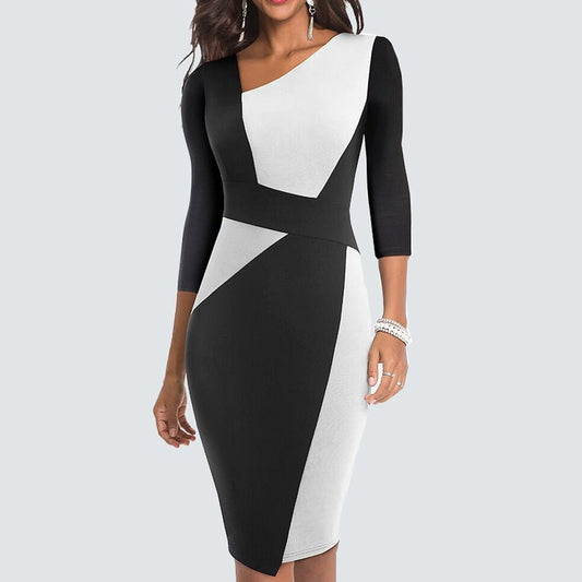 Femke - Stijlvolle Bruiloft Gastenjurk Dames met Asymmetrische Hals en Colorblock