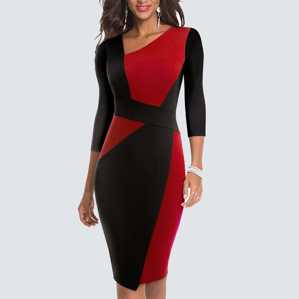 Femke - Stijlvolle Bruiloft Gastenjurk Dames met Asymmetrische Hals en Colorblock