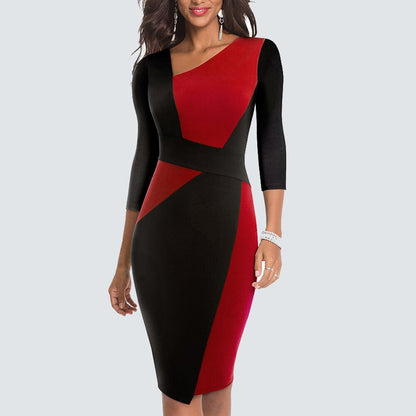 Femke - Stijlvolle Bruiloft Gastenjurk Dames met Asymmetrische Hals en Colorblock