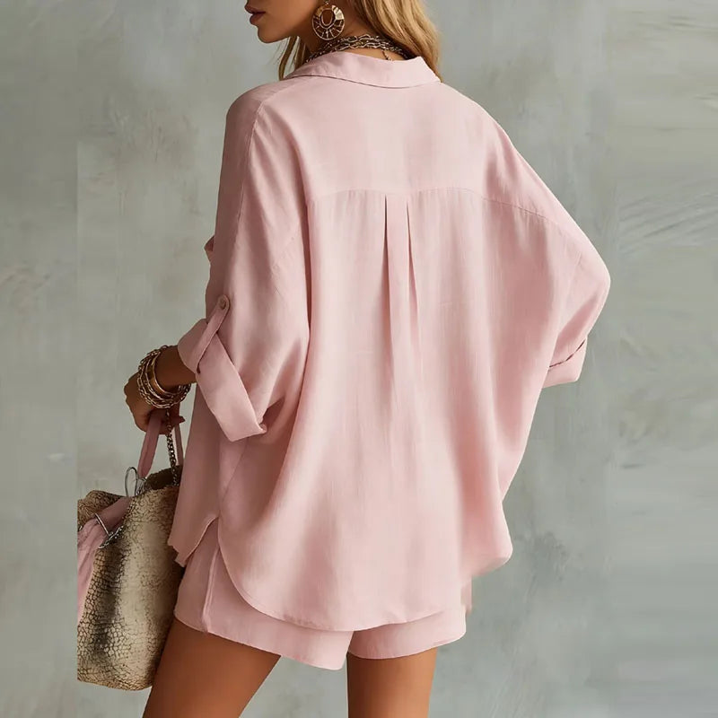 Femke - Stijlvolle Linnen Set Dames met Oversized Blouse en Korte Broek