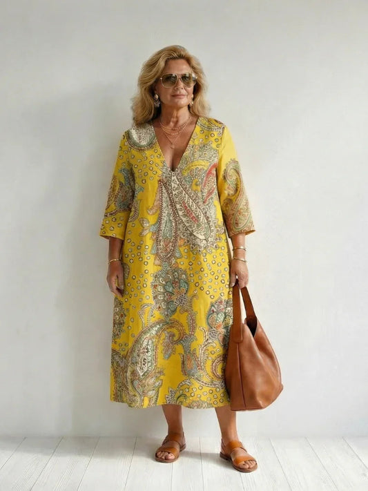 Fenna - Boho Grote Maten Maxi Jurk Dames met Elegante V-hals en Driekwart Mouw
