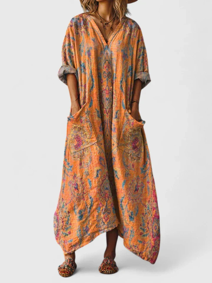 Fenna - Boho Linnen Maxi Jurk Dames met V-hals en Zakken