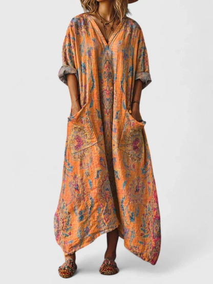 Fenna - Boho Linnen Maxi Jurk Dames met V-hals en Zakken