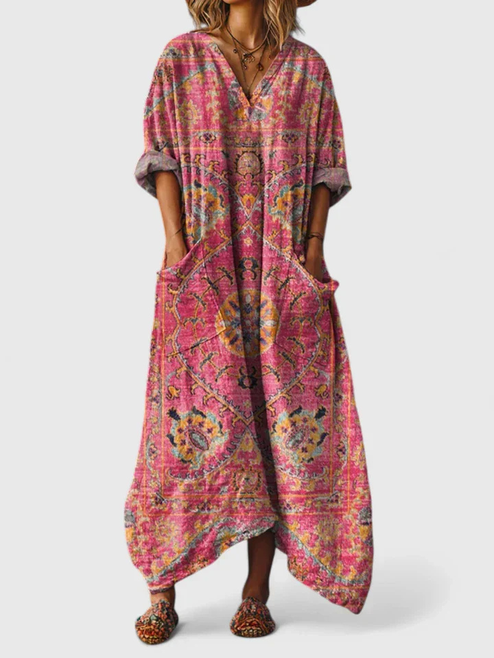 Fenna - Boho Linnen Maxi Jurk Dames met V-hals en Zakken