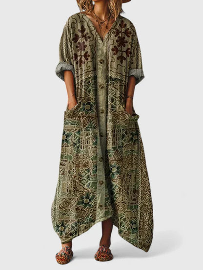 Fenna - Boho Linnen Maxi Jurk Dames met V-hals en Zakken