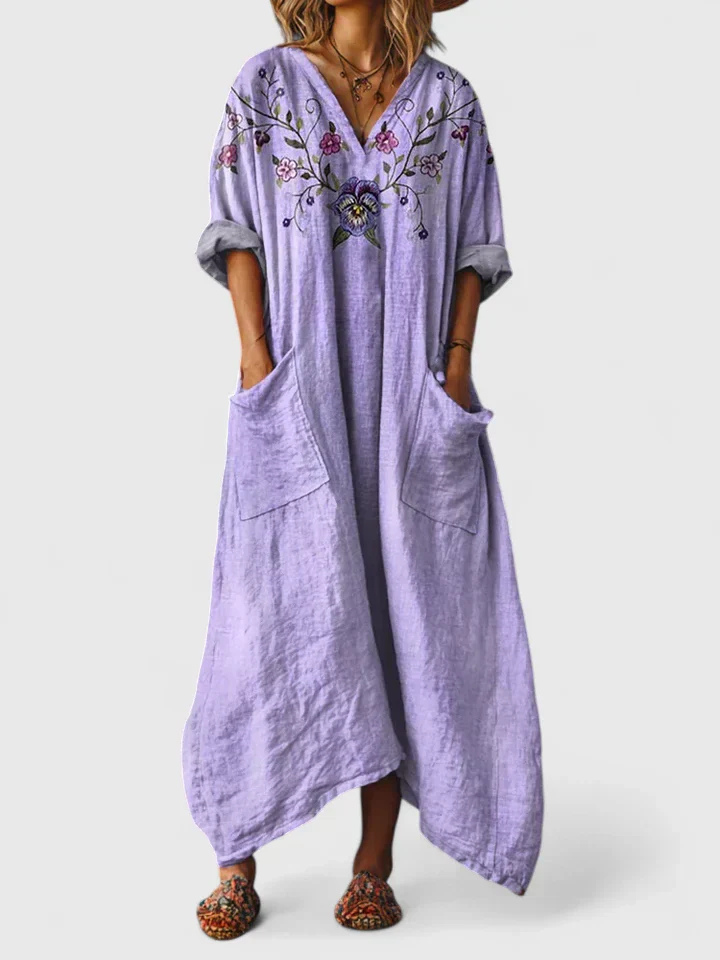 Fenna - Boho Linnen Maxi Jurk Dames met V-hals en Zakken