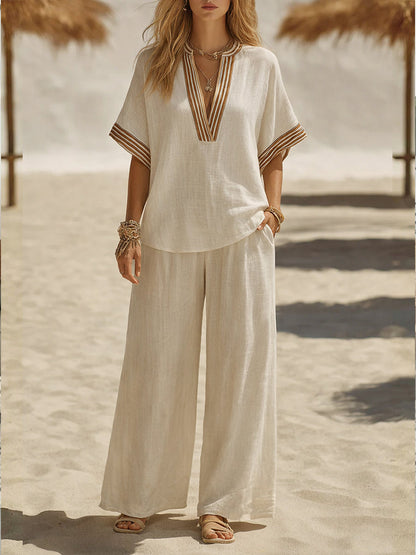 Fenna - Boho Linnen Set Dames met Etnische V-hals Top en Wijde Broek