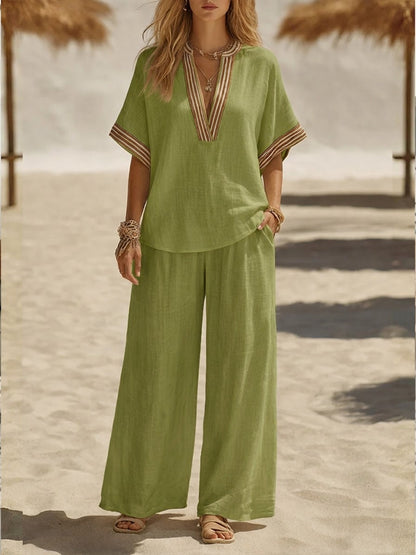 Fenna - Boho Linnen Set Dames met Etnische V-hals Top en Wijde Broek