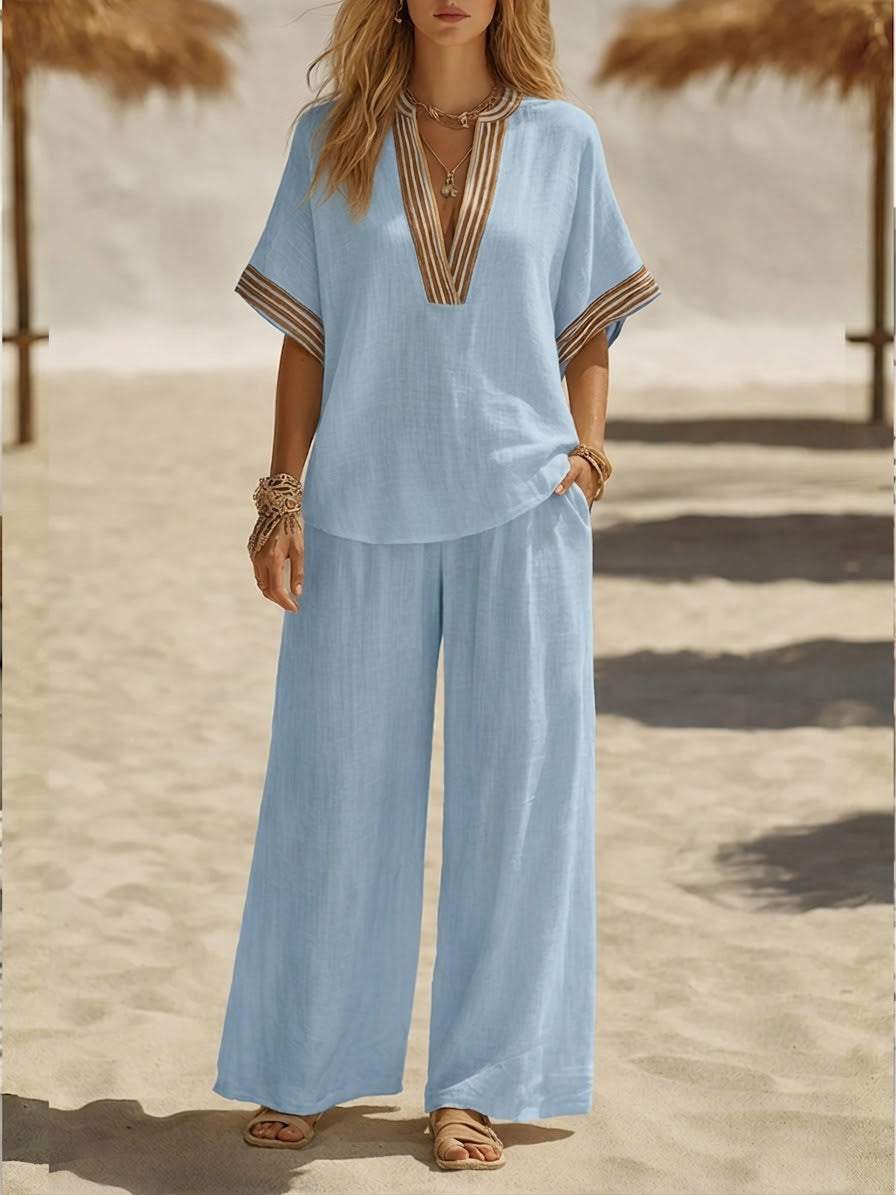 Fenna - Boho Linnen Set Dames met Etnische V-hals Top en Wijde Broek