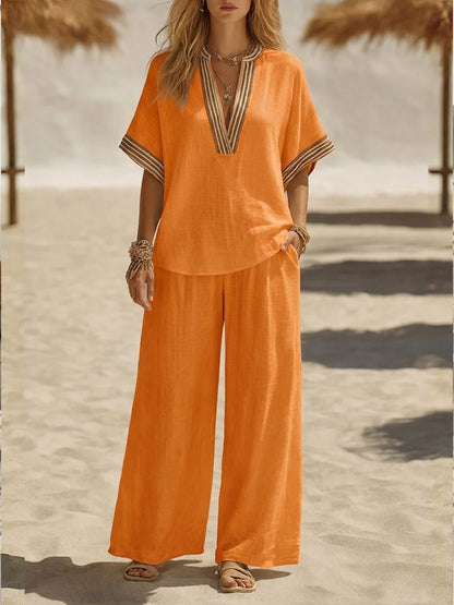 Fenna - Boho Linnen Set Dames met Etnische V-hals Top en Wijde Broek