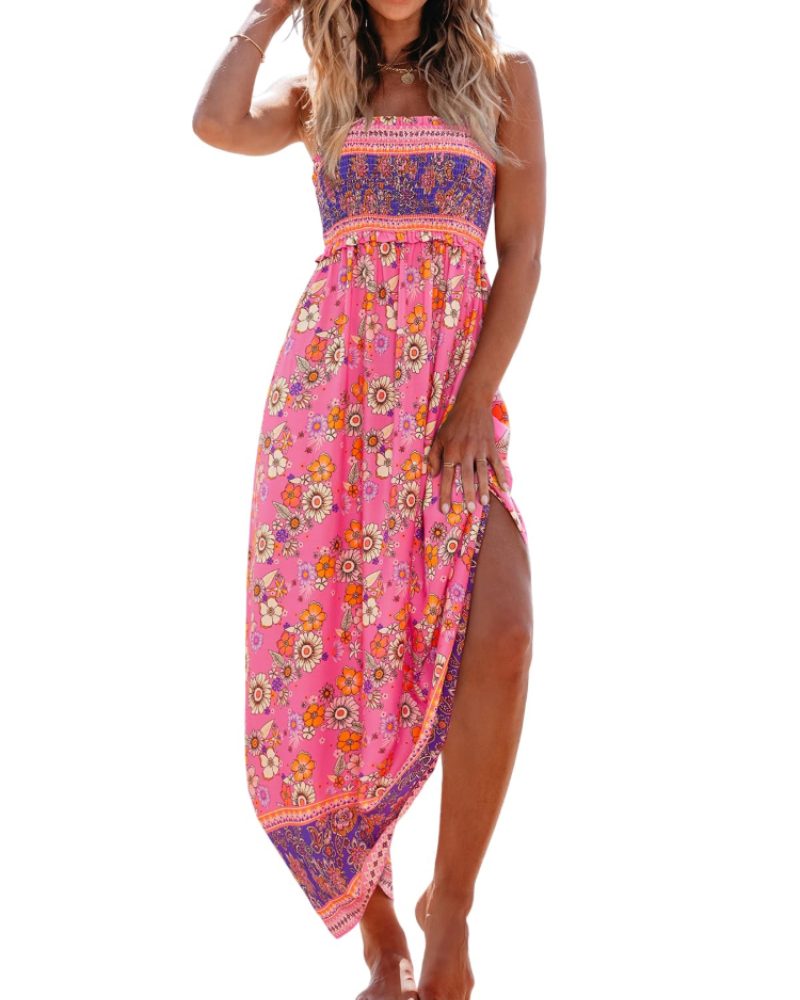 Fenna - Boho Maxi Jurk Dames met Bandeau Hals en Hoge Split