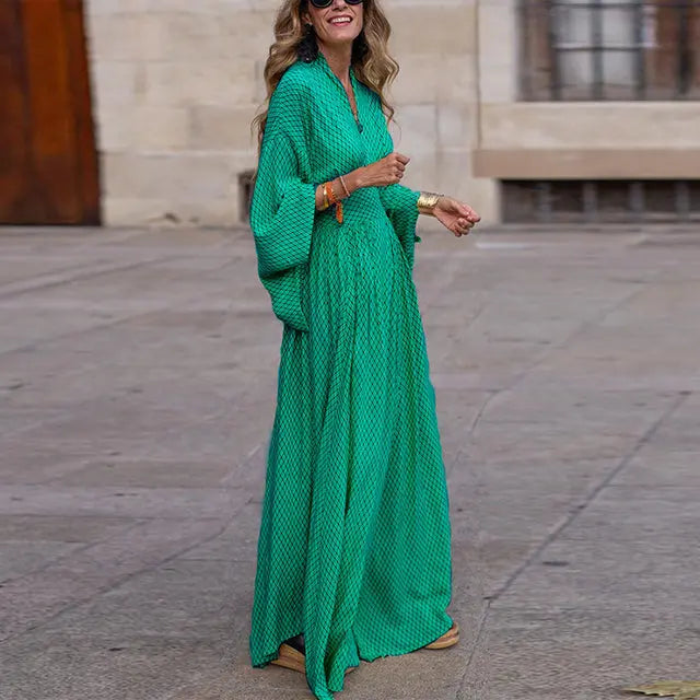 Fenna - Boho Zomerjurk Dames Maxi met Wijde Mouwen en V-hals