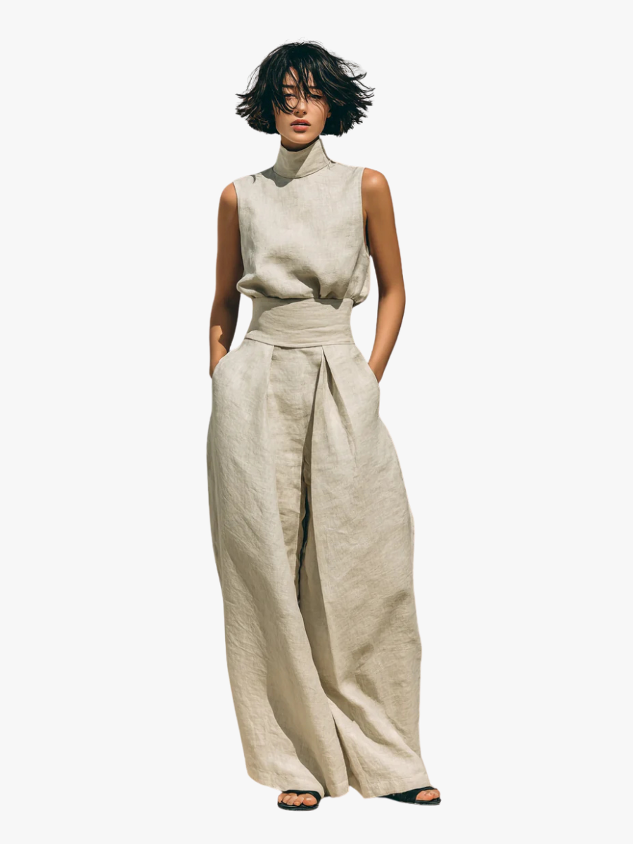 Fenna - Chique Linnen Co-ord Set Dames met Wijde Broek en Mouwloze Col-top