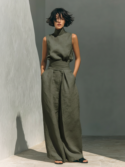 Fenna - Chique Linnen Co-ord Set Dames met Wijde Broek en Mouwloze Col-top