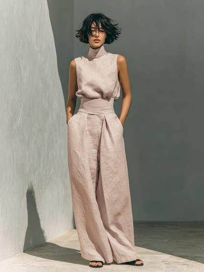 Fenna - Chique Linnen Co-ord Set Dames met Wijde Broek en Mouwloze Col-top