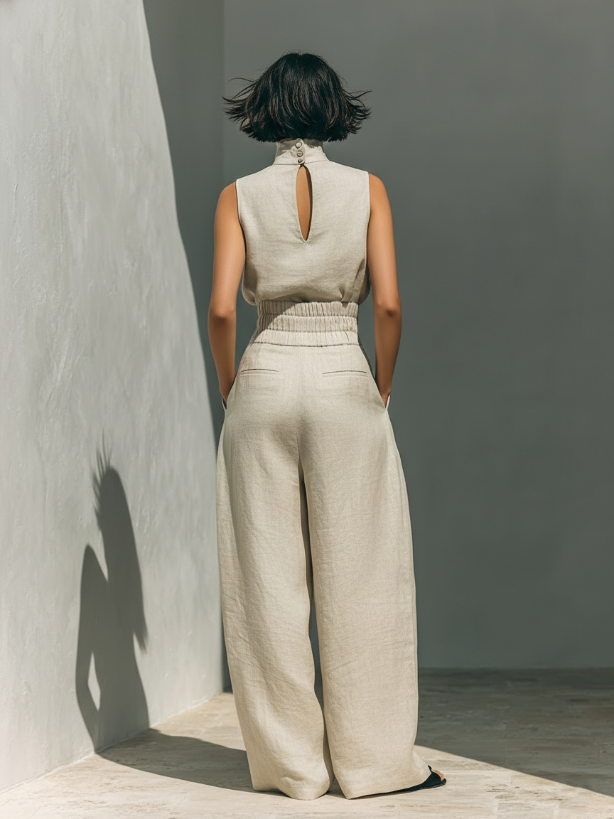 Fenna - Chique Linnen Co-ord Set Dames met Wijde Broek en Mouwloze Col-top
