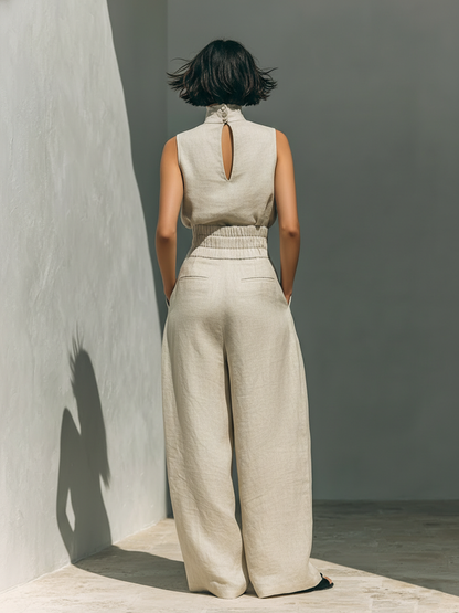 Fenna - Chique Linnen Co-ord Set Dames met Wijde Broek en Mouwloze Col-top