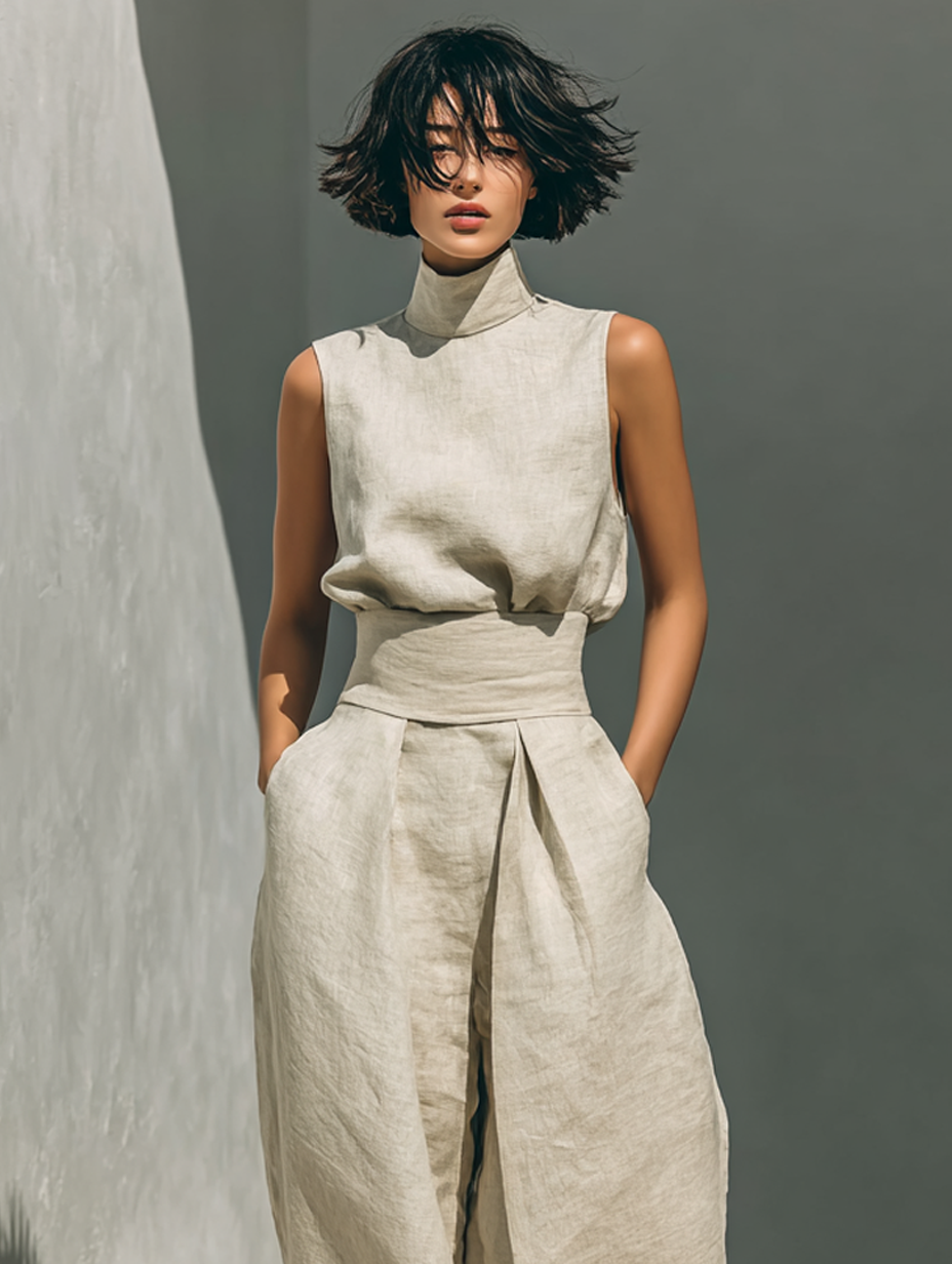 Fenna - Chique Linnen Co-ord Set Dames met Wijde Broek en Mouwloze Col-top
