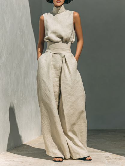 Fenna - Chique Linnen Co-ord Set Dames met Wijde Broek en Mouwloze Col-top