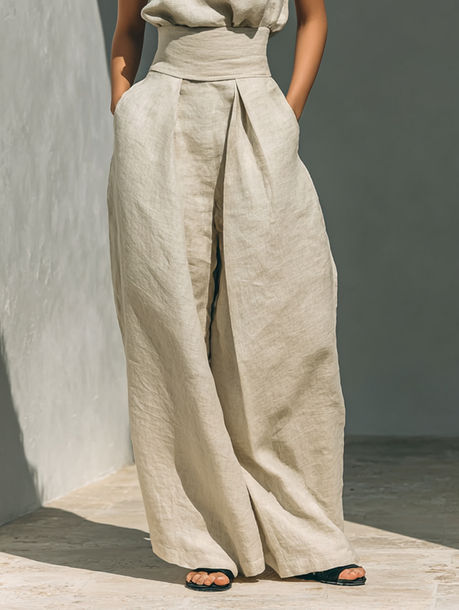 Fenna - Chique Linnen Co-ord Set Dames met Wijde Broek en Mouwloze Col-top