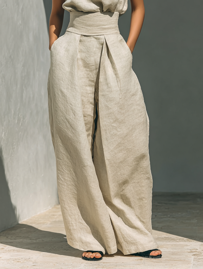 Fenna - Chique Linnen Co-ord Set Dames met Wijde Broek en Mouwloze Col-top
