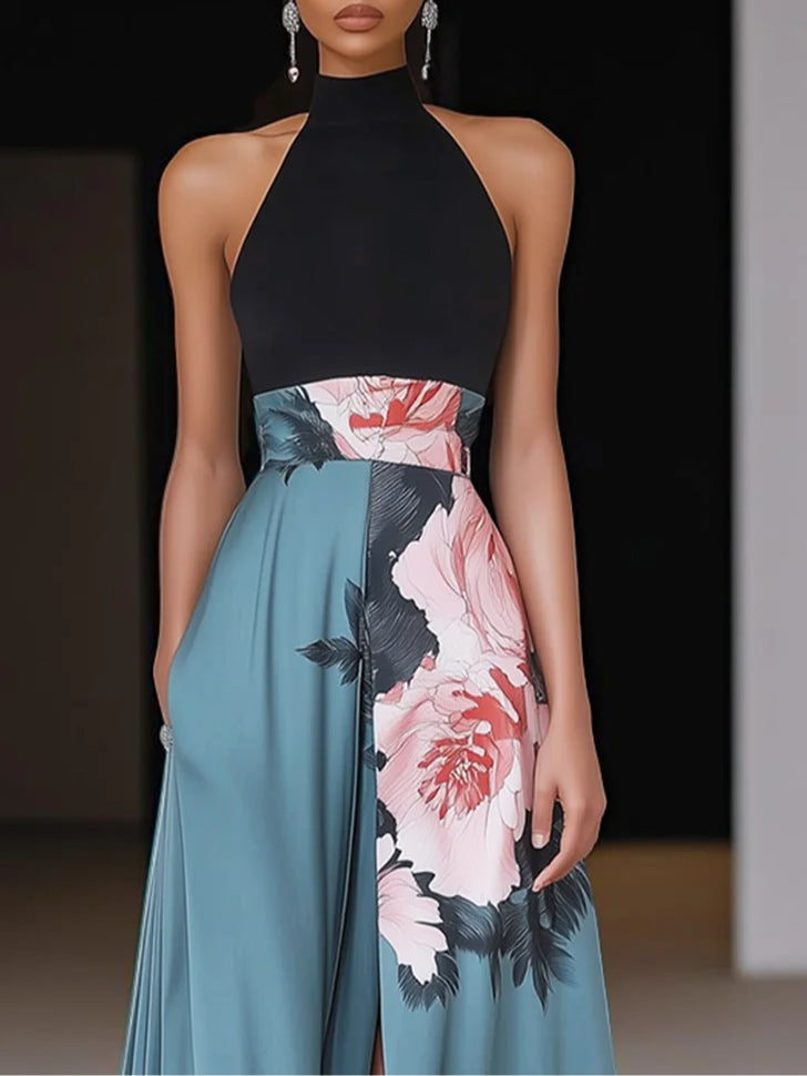 Fenna - Elegante Bruiloft Gastenjurk Dames met Halterhals en Bloemenprint