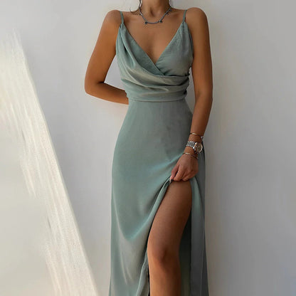 Fenna - Elegante Bruiloft Gastenjurk Dames met Waterval V-hals en Hoge Split