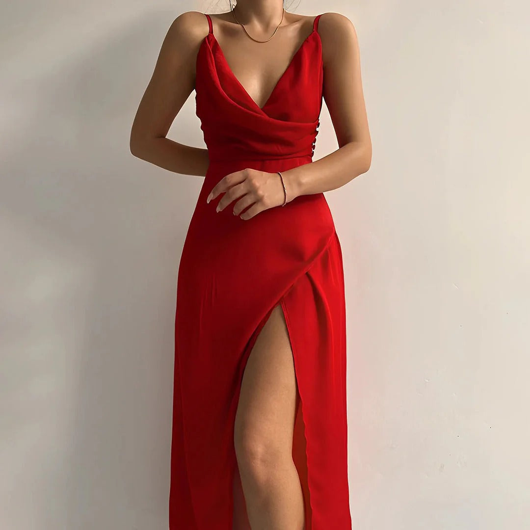 Fenna - Elegante Bruiloft Gastenjurk Dames met Waterval V-hals en Hoge Split